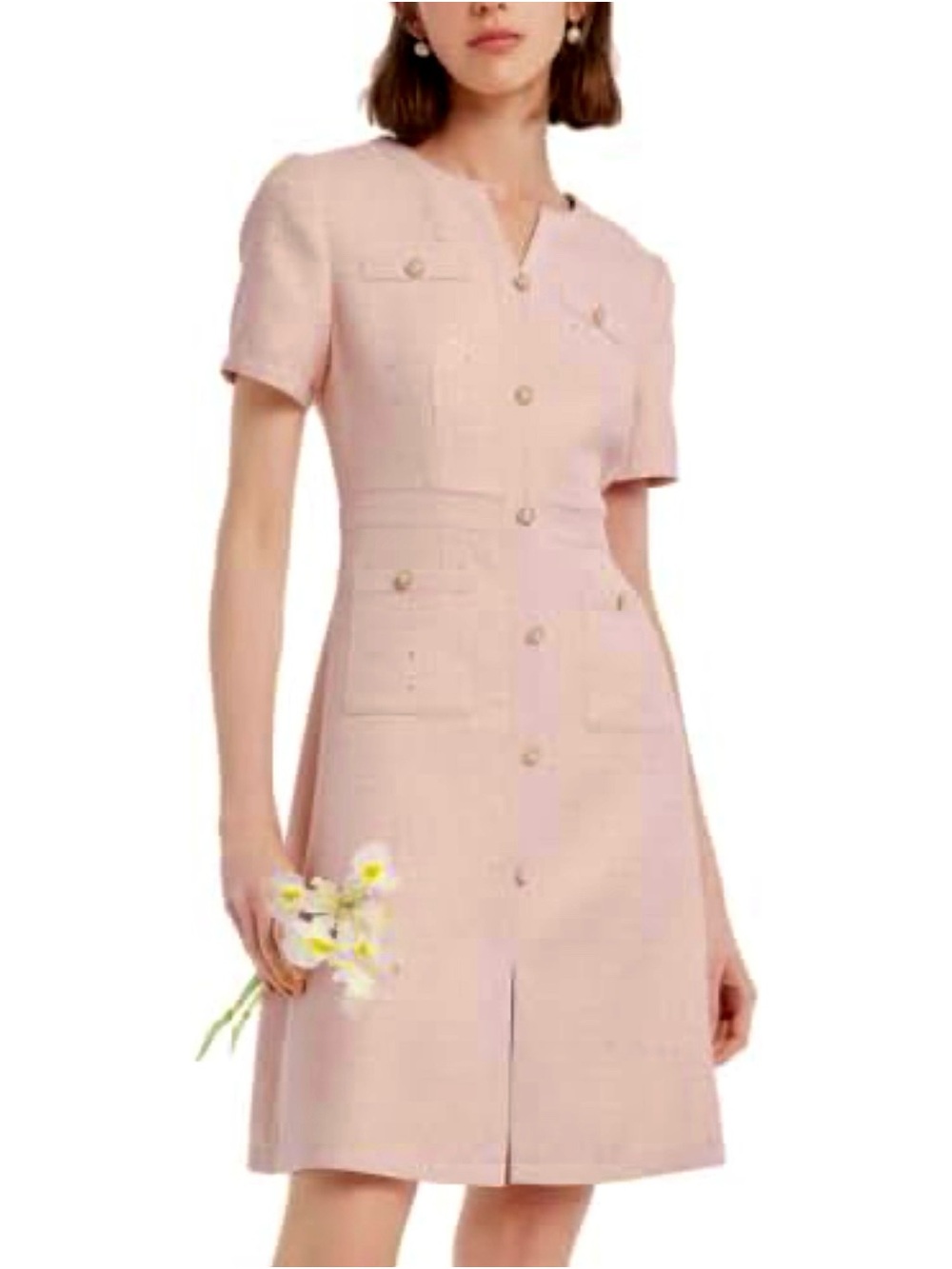 Goelia Classic Short-Sleeve Pink Button-Front Dress Small